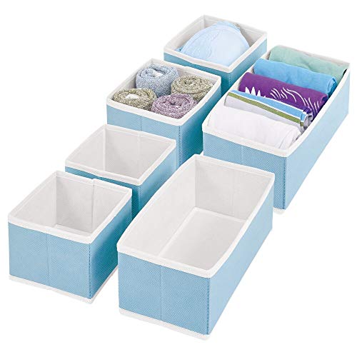 mDesign Juego de 6 Cajas para armarios – Organizador para armarios Plegable en Dos tamaños – Cajas para Guardar Ropa, Ropa Interior, Calcetines y más – Azul Claro/Blanco