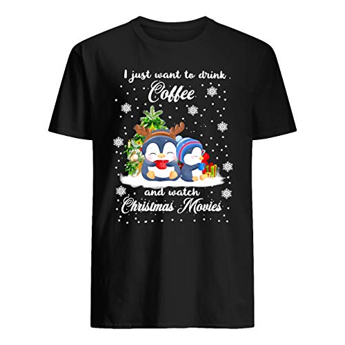 Micerice Penguins I Just Want To Drink Coffee and Watch Christmas Movies T-Shirt