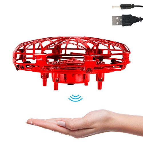 Mini Drone UFO con Luces LED Flying Ball para Niños Recargable UFO Drone Movimiento Control A Mano (Rojo)