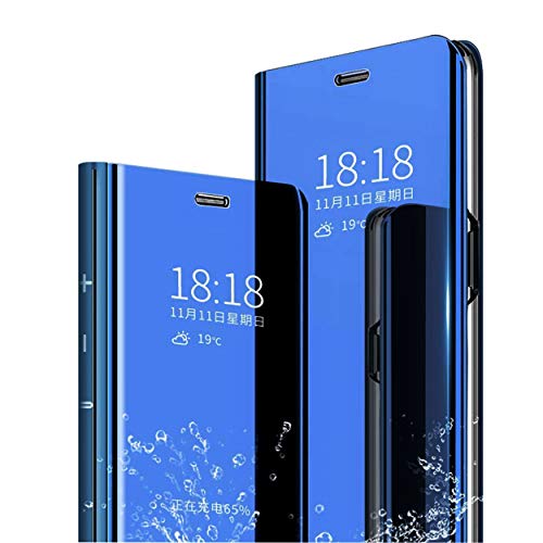 MLOTECH Funda para Huawei P30 Lite,Funda Case + Cristal Templado Flip Clear View Translúcido Espejo Standing Cover Slim Fit Anti-Shock Anti-Rasguño Mirror 360°Protectora Cubierta Azul Cielo