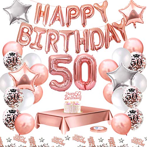MMTX Globos De Cumpleaños 50 Años Feliz Cumpleaños Decoracion Regalo 50 Regalos Cumpleaños Mujer Oro Rosa con Guirnalda Banner De Cumpleaños para Fiesta,Manteles,Confetti,Globos de Látex Impresos