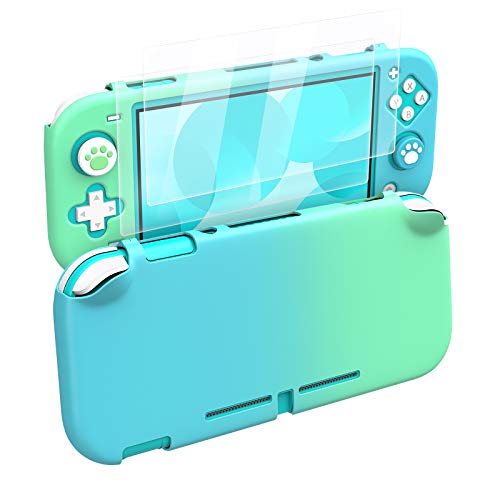MoKo Funda para Nintendo Switch Lite, Protectora para PC con 4 Tapas de Agarre Pulgar y 2 Protectores Pantalla de Vidrio Templado Transparente HD, Antideslizante, Resistente a Arañazos, Azul + Verde
