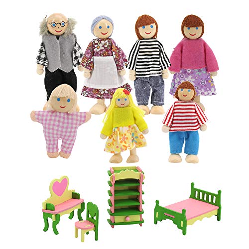 Muebles de casa de muñecas de madera,accesorios de casa de muñecas de 7 piezas, casa de muñecas y 1 juego de 4 muebles en miniatura para casa de muñecas (escritorio, silla, cama, zapatero)