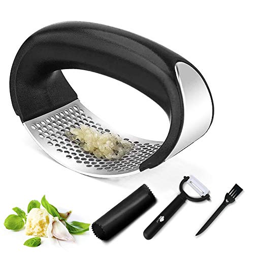 MYVIT Prensa Ajos de cocina de acero inoxidable grado alimenticio Acero Inoxidable prensa de ajo para jengibre, cebolla, pelador de ajos, Prensa de ajos Profesional, fácil de limpiar, 4pcs…