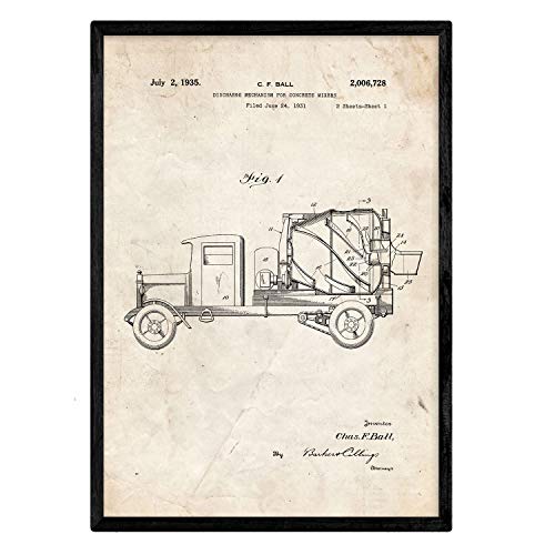 Nacnic Poster con patente de Camion hormigonera. Lámina con diseño de patente antigua en tamaño A3 y con fondo vintage