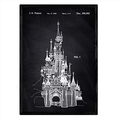 Nacnic Poster con patente de Castillo Disney. Lámina con diseño de patente antigua en tamaño A3 y con fondo negro