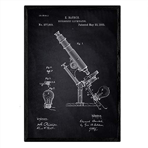 Nacnic Poster con patente de Microscopio con luz. Lámina con diseño de patente antigua en tamaño A3 y con fondo negro