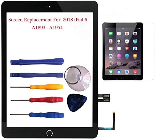 NewHail Kit de repuesto para iPad 6 de cristal para pantalla táctil de 2018,A1893 A1954 con botón de inicio Flex, cinta adhesiva, protector de pantalla, manual de instrucciones y kit de herramientas