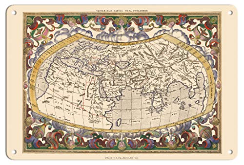 Pacifica Island Art - 22 x 30 cm Cartel de hojalata - Mapa del Mundo Antiguo - Basado en la Escritura de Claudio Ptolomeo - Mapa de Gerard Mercator c.1578