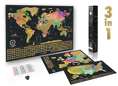 Paquete definitivo de mapa de rascar (acuarela mapa del mundo, de los EE. UU. y de Europa) | 3 mapas de rascar de gran calidad con un juego completo de accesorios y banderas de todos los países.