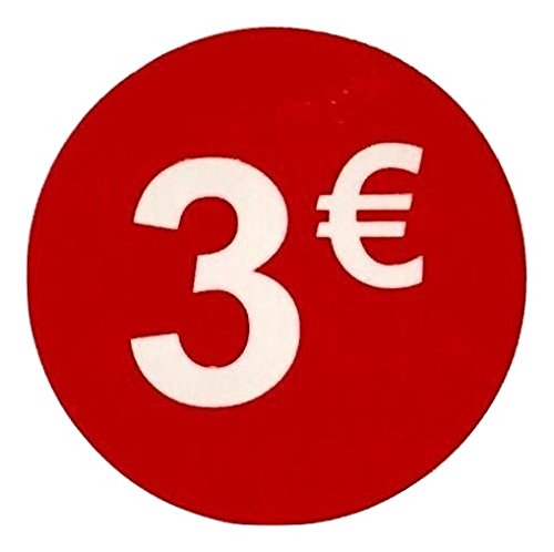 Pegatina 3 € Euro, Pack de 1000, adhesivo 35 mm Rojo, etiqueta precio (Price stickers), DiiliHiiri