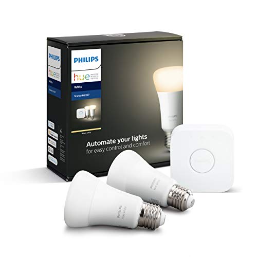 Philips Hue Pack de 2 Bombillas Inteligentes LED E27 y Puente, con Bluetooth, Luz Blanca Cálida, Compatible con Alexa y Google Home