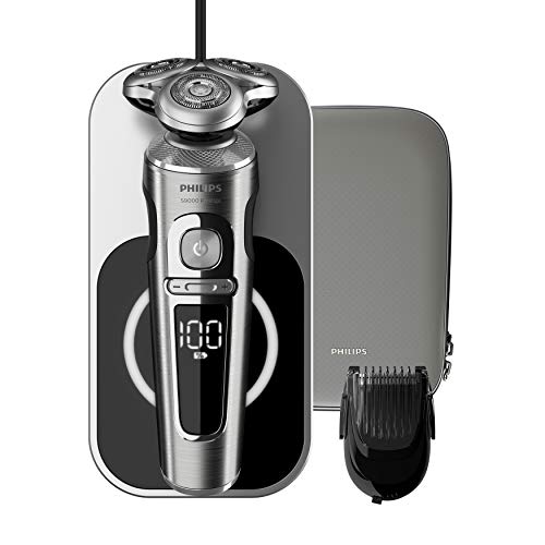 Philips Serie 9000 Prestige SP9861/16 - Afeitadora eléctrica para hombre con bandeja de carga Qi, sensor de densidad de barba, 3 modos, seco/húmedo, con perfilador de barba y funda premium, plata