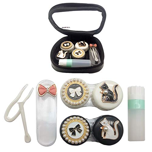 Portalentillas, Kits de estuches para lentes de contacto para niñas, portátil de viaje Funda para almacenamiento de porta lentes de contacto con lindos gatos y lazos