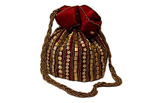 POT - Bolso de mano de seda satinada dorada con cordón para boda india Eid