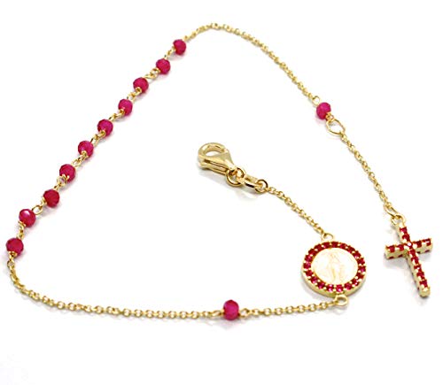 pulsera de Oro Amarillo De 18 K 750, rosario, con raíz de Rubí Rojo, Cruz, medalla milagrosa, longitud 17.5 – 19.5 cm, Fabricado en Italia