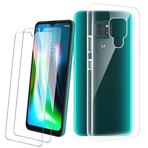 PZEMIN Carcasa para Motorola Moto G9 Play Funda + 2X Cristal Templado Membrana Película Protectora - Silicona Transparente Suave TPU Bumper Case Estuche Caso (6.5", Clear)
