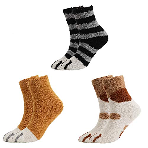 QKURT Calcetines de 3 pares de pantuflas para mujeres, calcetines de invierno para el interior Calcetines difusos para el hogar suaves y suaves Calcetines para dormir con garras de gato suaves