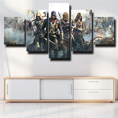 QWASD Assassin'S Creed Unity Personajes completos Impresiones sobre Lienzo 5 Piezas Modern Painting Wall Art Modular Decoración Pared Póster Decoración para El Hogar