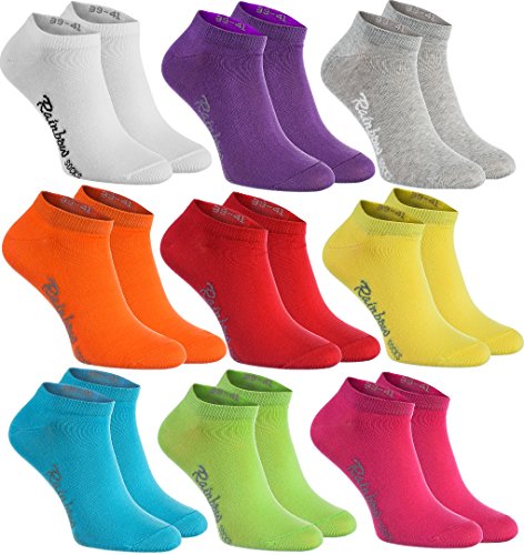 Rainbow Socks - Hombre Mujer Calcetines Cortos Colores de Algodón - 9 Pares - Blanco Púrpura Gris Naranja Rojo Amarillo Verde Mar Verde Fucsia - Talla 42-43