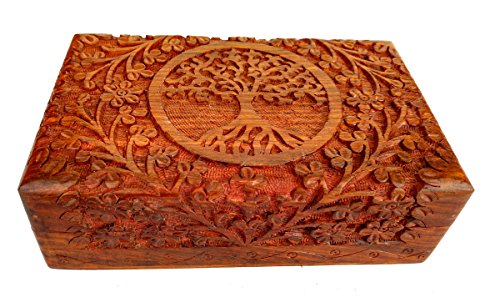 Rastogi Handicrafts – Fina caja de madera tallada con el diseño del árbol de la vida para guardar tus joyas – hecha a mano en la India