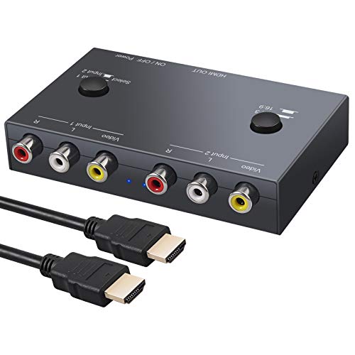 RCA a HDMI 1080p Convertidor AV a HDMI con 2 Puertos de Entrada CVBs Adaptador Conversor de Audio y Video Compuesto PAL/NTSC Compatible con Wii N64 PS1/2/3 STB VHS VCR Televisores Proyectores