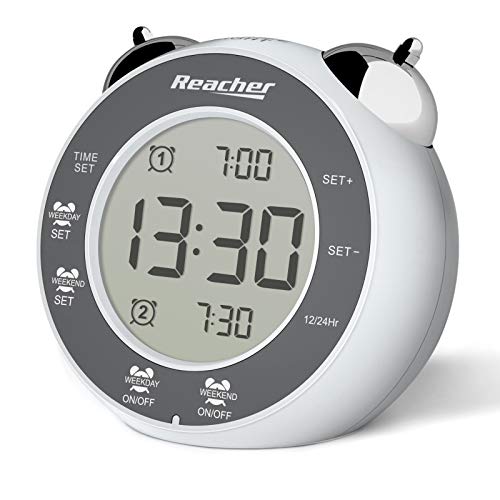 Reacher Reloj despertador fuerte funciona con pilas, alarma dual con modo de día de semana y fin de semana, repetición, luz de fondo, doble campana digital, reloj despertador para dormitorio (blanco)