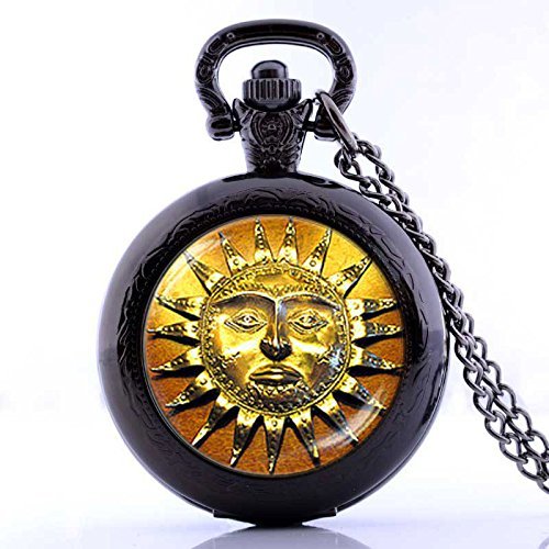 Reloj de bolsillo de estilo vintage con diseño de sol medieval hecho a mano y collar de cuarzo negro