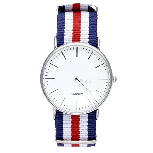 Relojes JSDDE, ginebra para hombre de pulsera para mujer de nylon correa de tela correa analógico cronógrafo reloj de arranque Quarzhr (doble rojo-blanco-azul)