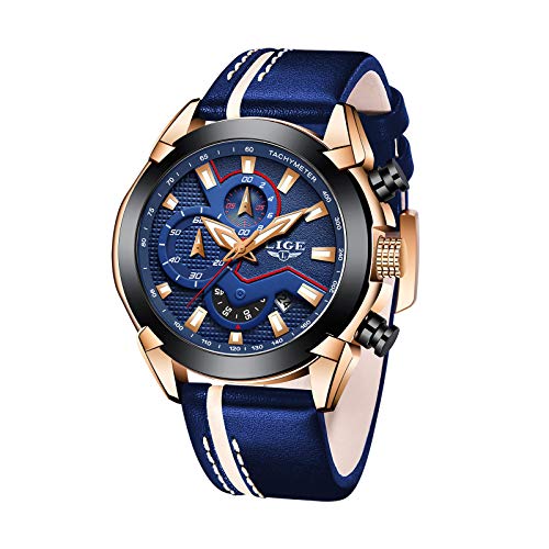 Relojes para Hombre Deportes Militar Reloj de Cuarzo Analógico Moda para Hombre Cronógrafo Impermeable Gran Esfera de Cuero Reloj Azul