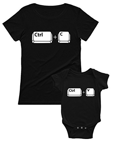 Ropa Mama y Bebe Iguales - Control Paste - Set Camiseta Madre Manga Corta y Body Manga Corta Bebé Negro Large/Bebé Negro 3-6 Mes
