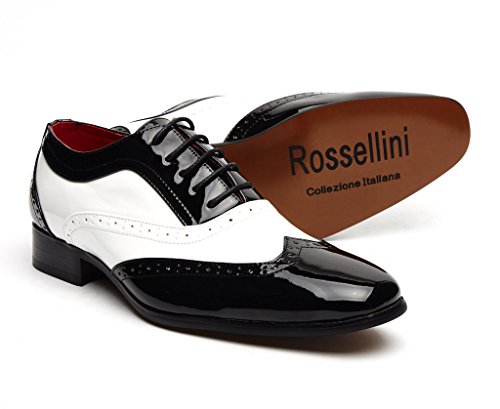 Rossellini Años 1940 Negro de Hombre Italiano Estilo Vintage De Fiesta Punta Afilada Oxford Broque Zapatos Negro Borsalino - Blanco y Negro, 40 EU