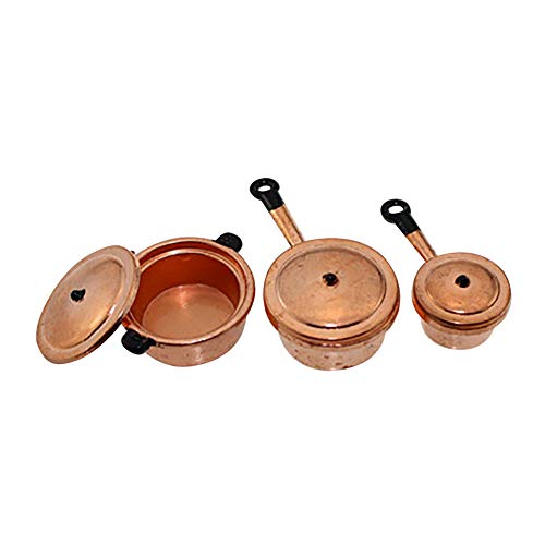 rycnet Juego de 3 utensilios de cocina en miniatura para casa de muñecas, cacerola, utensilios de cocina, cobre y negro