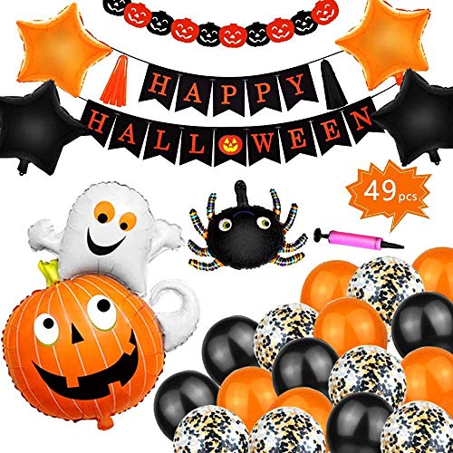 Sayala Halloween Decoraciones para Fiestas Favores de Suministros,Guirnaldas de Happy Halloween,Globos Negros y Naranjas, Flores de Abanico de Papel Decoración de Halloween