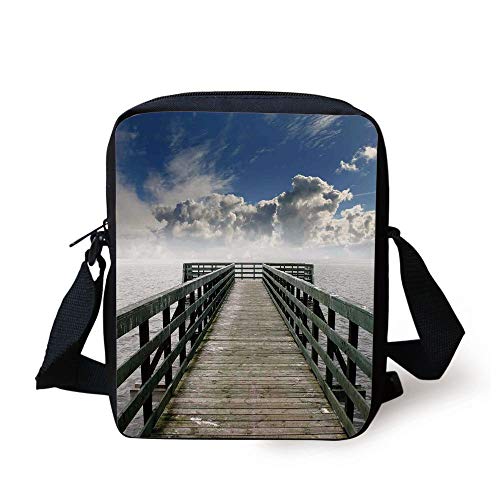 Seascape,Seaside Banister Clouds Beige Foggy Morning and Ocean Seascape View Image,Blue Gray White Print Kids Crossbody Messenger Bag Purse