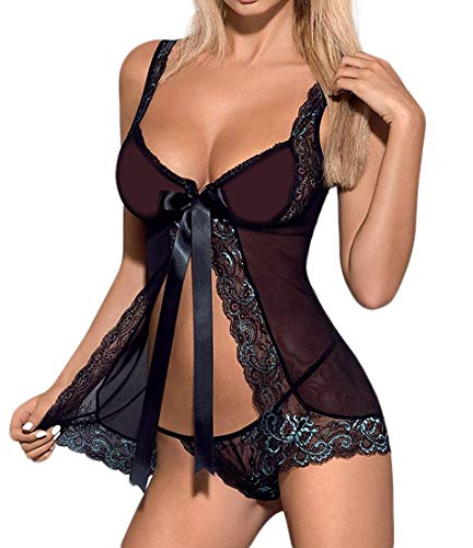 Selente Love & Fun - Juego de Ropa de Noche para Mujer, 3 Piezas, de Negligee/Babydoll, Tanga y Venda de satén, Negro y Turquesa S-M