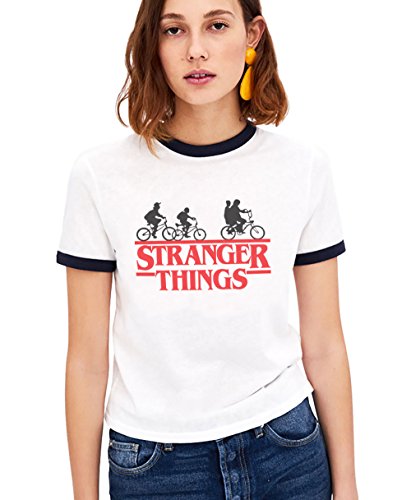 Shirt Ringer Tee Stranger Things Camiseta Mejores Amigas Best Friend Impresión T-Shirt Manga Corta1 Pieza Retro Regalo Camisa Cuello Redondo Verano para Mujer(Negro,M)