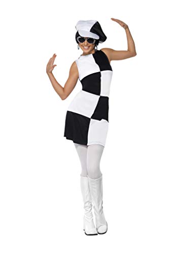 Smiffys-21142s Disfraz de Fiesta Chica años 60, con Vestido y Sombrero, Color Negro y Blanco, S-EU Tamaño 36-38 (Smiffy'S 21142S)