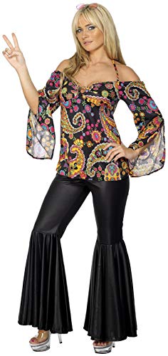 Smiffys- Disfraz de Hippy, Chica, con Top Estampado y Pantalones de Campana, Color Negro, XXL - EU Tamaño 52-54 (Smiffy'S 30442X2)