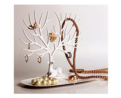 Soporte organizador para anillos, collares y accesorios con diseño de árbol con ciervo, torre organizadora decorativa