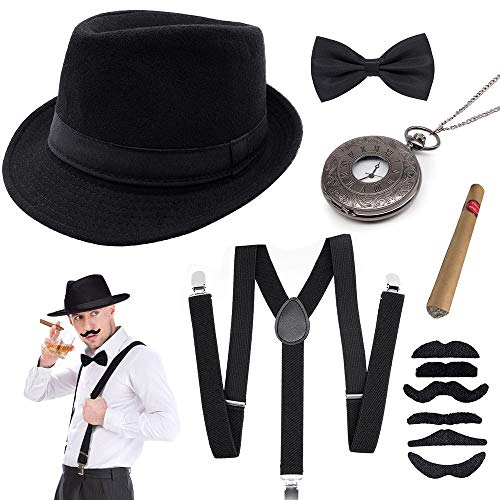 SPECOOL 1920s Gángster Disfraces Accesorios Hombre Conjunto Flapper Gran Juego Gatsby con elástico de Sombrero Ligera con Espalda en Y Corbata de Lazo Reloj de Bolsillo Vintage Cigar