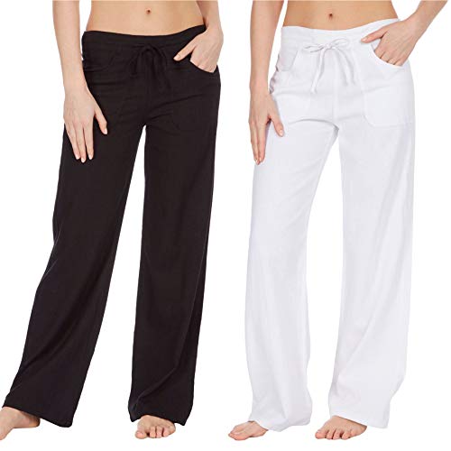 Style It Up - Pantalones de lino para mujer, estilo informal, para vacaciones, playa, chino, caqui, cargo. Negro/Blanco - 2 Pares 44