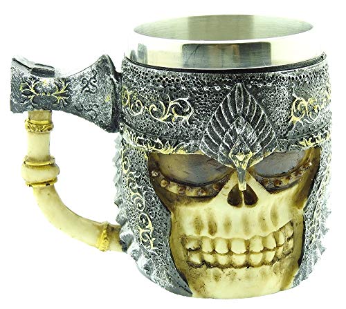 Taza de calavera con casco - hacha - calavera - esqueleto - 3d - acero inoxidable - resina - jarra de cerveza - horror - gótico - bebidas - hombre - guerrero - vikingo - medieval - halloween
