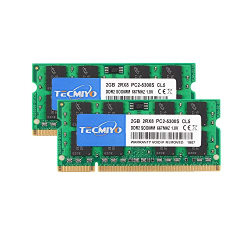 TECMIYO 4GB Kit (2x2GB) PC2 5300s DDR2 667MHz 2RX8 Dual Rank PC2-5300 DDR2-667 1.8V 200pin Sdram Sodimm Non-ECC Unbuffered SODIMM Módulo de Memoria RAM para portátiles