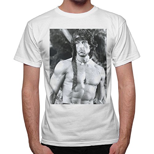 thedifferent Rambo Sylvester Stallone - Camiseta de hombre de la guerrera de Rambo, color blanco blanco XXL