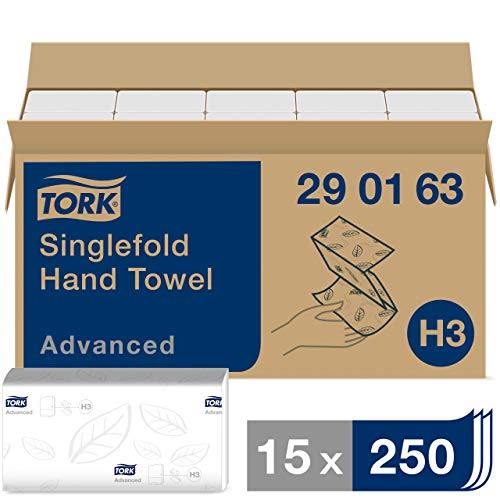 Tork 290163 Toallas de mano de papel Tork Advanced plegadas en V / Toallitas secamanos absorbentes, compatibles con el sistema de Tork H3, blanco