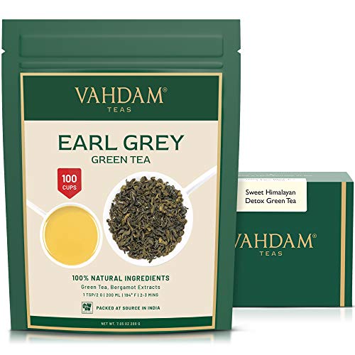 VAHDAM, Earl Grey Green Tea Hoja suelta (100 tazas) | ANTIOXIDANTES PODEROSOS Y FUERTES | Earl Grey de hojas sueltas con hojas de té verde puro | Preparar como té caliente o té helado | 100gr (juego de 2)