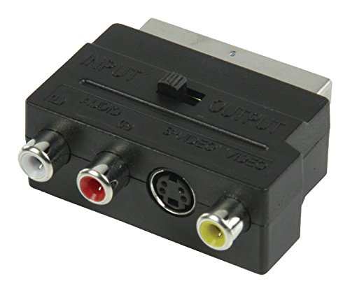 Valueline VLVP31902B – Adaptador conmutable SCART macho a 3 conectores RCA Phono y conector Super Video - Adaptador Euroconector a 2 x RCA Phono audio, 1 x RCA Phono Video, 1 x S-Video hembra