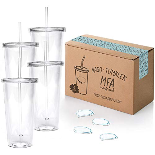 Vasos de Plástico Duro con Tapa y Pajita - Libre de BPA - Incluye Pegatinas Reutilizables y eBook de Coctelería - Set de 4 Vasos plasticos Reutilizables Transparentes de 700 ml - Marfrand
