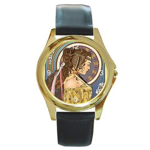 Vintage Art Nouveau Lady on a Womens Gold Tone Watch with Leather Band-10-15 days shipping